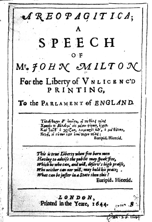 Prima pagina dell' "Aeropagitica" di John Milton, libello in difesa della libertà di stampa (1644) 