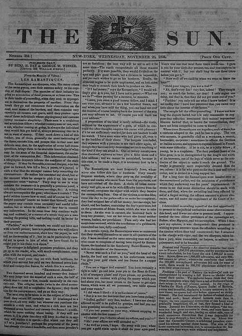 Prima pagina del "Sun" del 26 novembre 1834. Il "Sun", fondato un anno primo, è il primo quotidiano inteso in senso moderno.